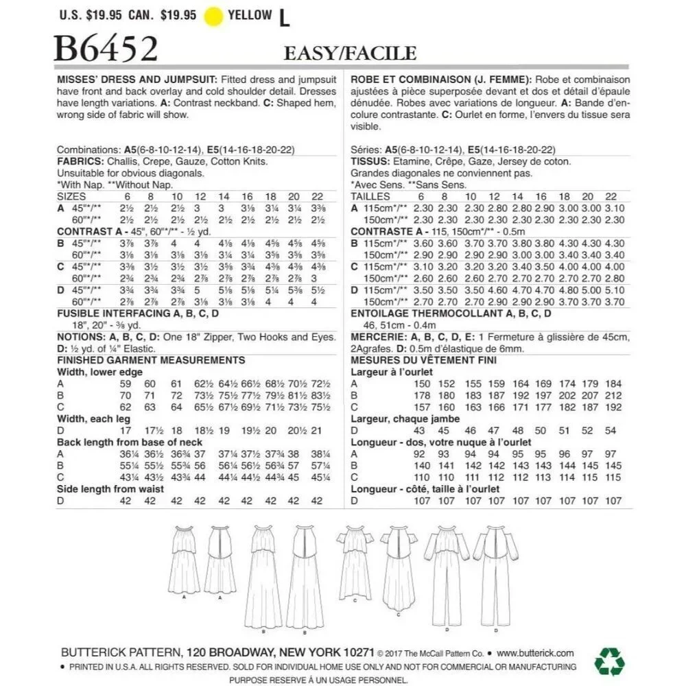 Butterick Sewing Pattern 6452 Dress Jumpsuit Cold Shoulder Size 14-22